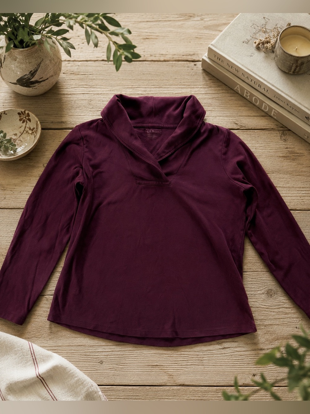 L.L.Bean Burgundy 100% Cotton Shawl Collar Pullover Top M